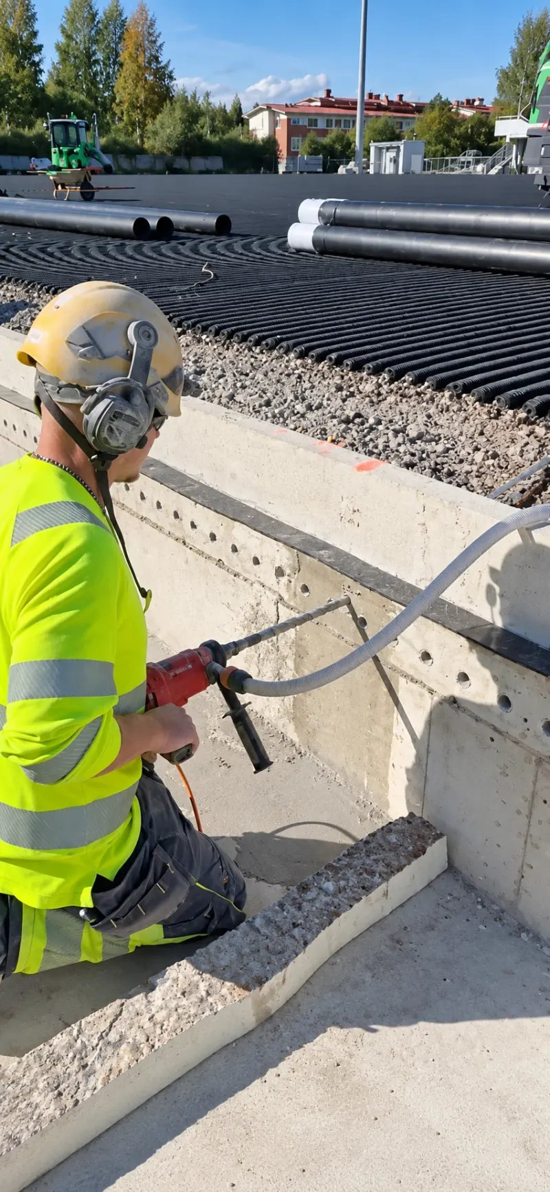 Ankkurointireikien porausta betonirakenteeseen työmaalla